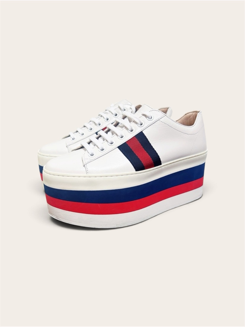 Authentic Gucci Web Striped Peggy Platform Sneakers 35